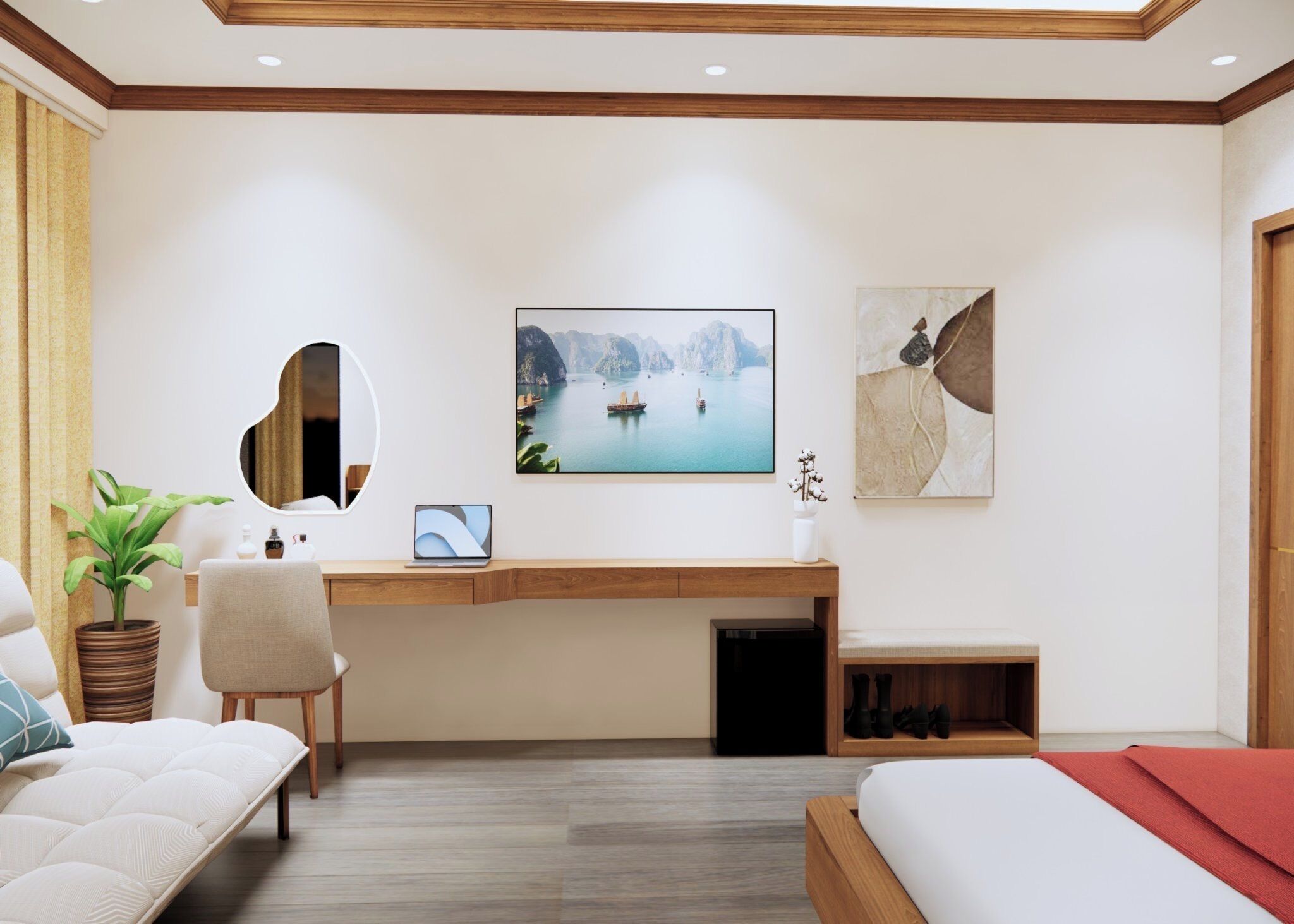 A modern hotel room with a wooden desk, a comfortable sofa, a bed, and a large window.