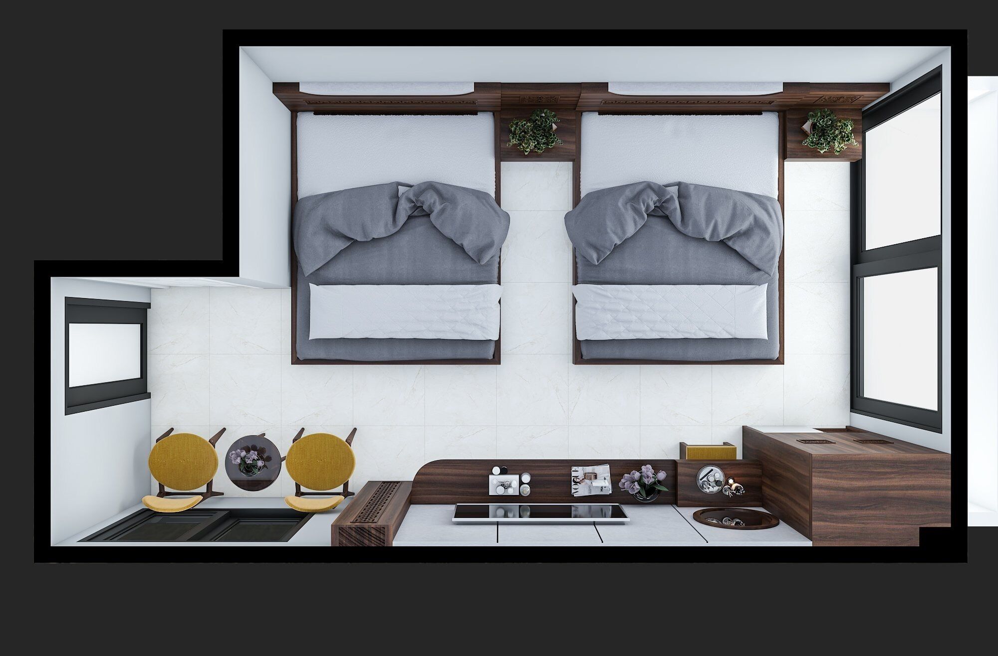 A modern bedroom with two beds, a wooden headboard, a small desk with a chair, and a window.