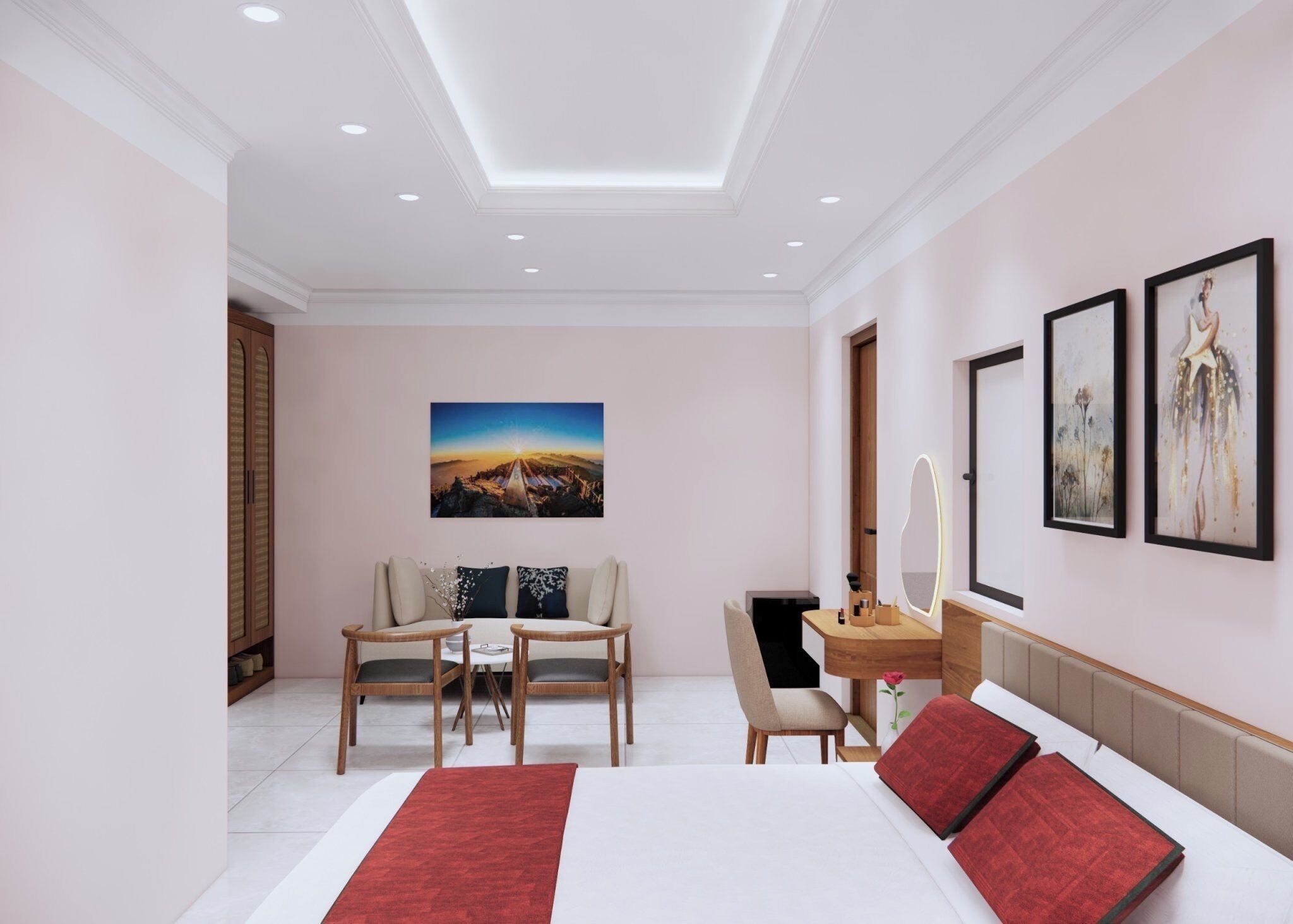 A modern hotel room with a large bed, a desk with a mirror, a chair, a sofa, and a painting on the wall.