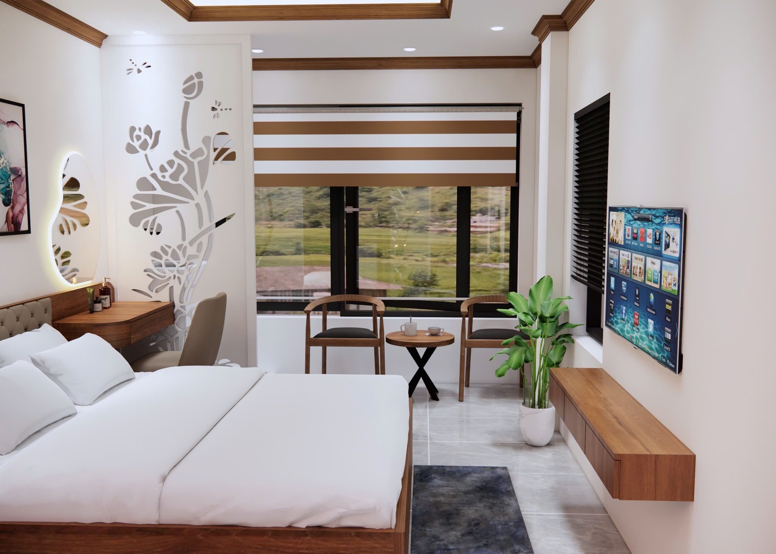 Habitación de hotel moderna con cama, escritorio, silla, una mesita, planta en maceta y un ventanal grande con persianas.