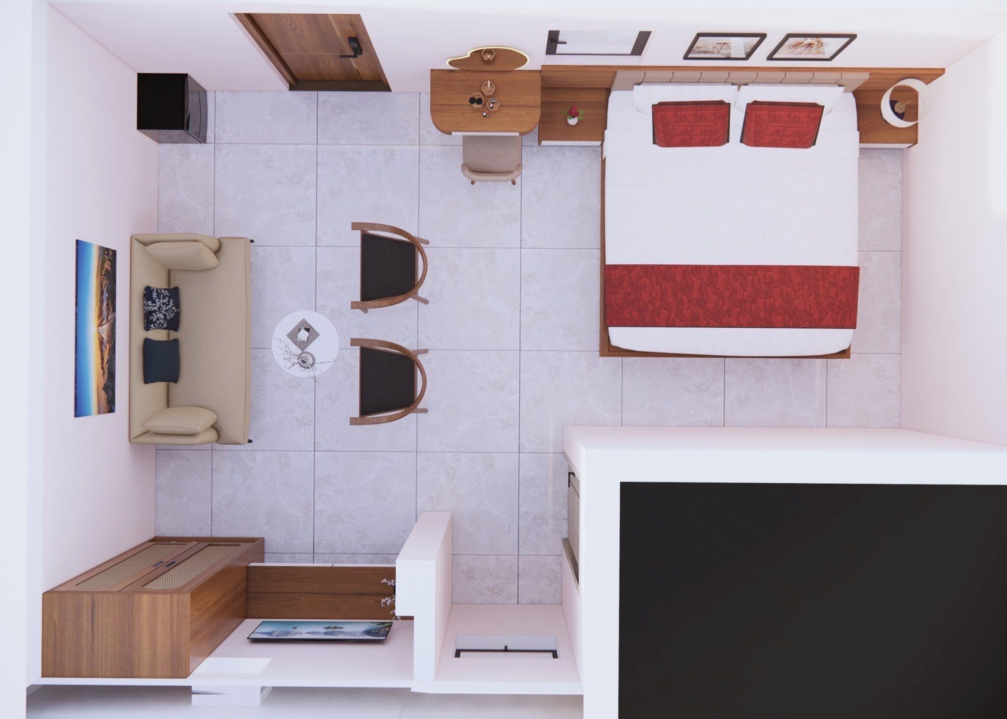 Une chambre d’hôtel de taille réduite, comprenant un lit, un canapé, un bureau, une chaise et une petite table.