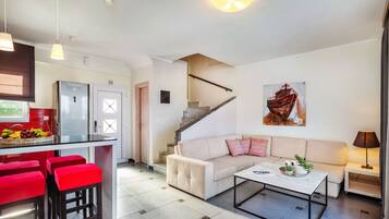 TV, fireplace, books