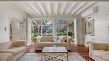 Televisión, chimenea, estéreo