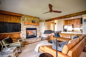 Smart TV, fireplace, books