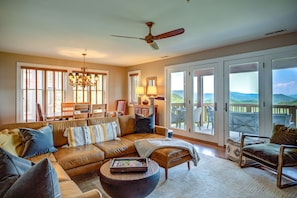 Smart TV, fireplace, books