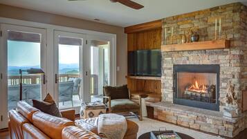 Smart TV, fireplace, books