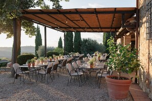 Un espace de restauration en plein air, avec des tables et des chaises, entouré de plantes en pot et agrémenté d’une pergola.