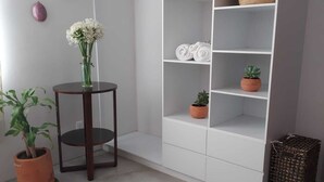 Une pièce avec une étagère blanche, une table ronde ornée d’un pot de plante, un tapis à motifs et une petite poubelle.