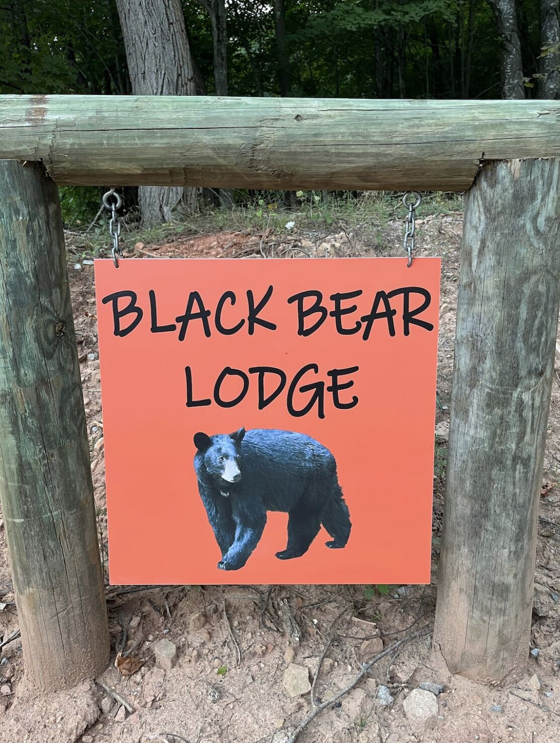 Un letrero con un oso negro y el texto 'BLACK BEAR LODGE'.