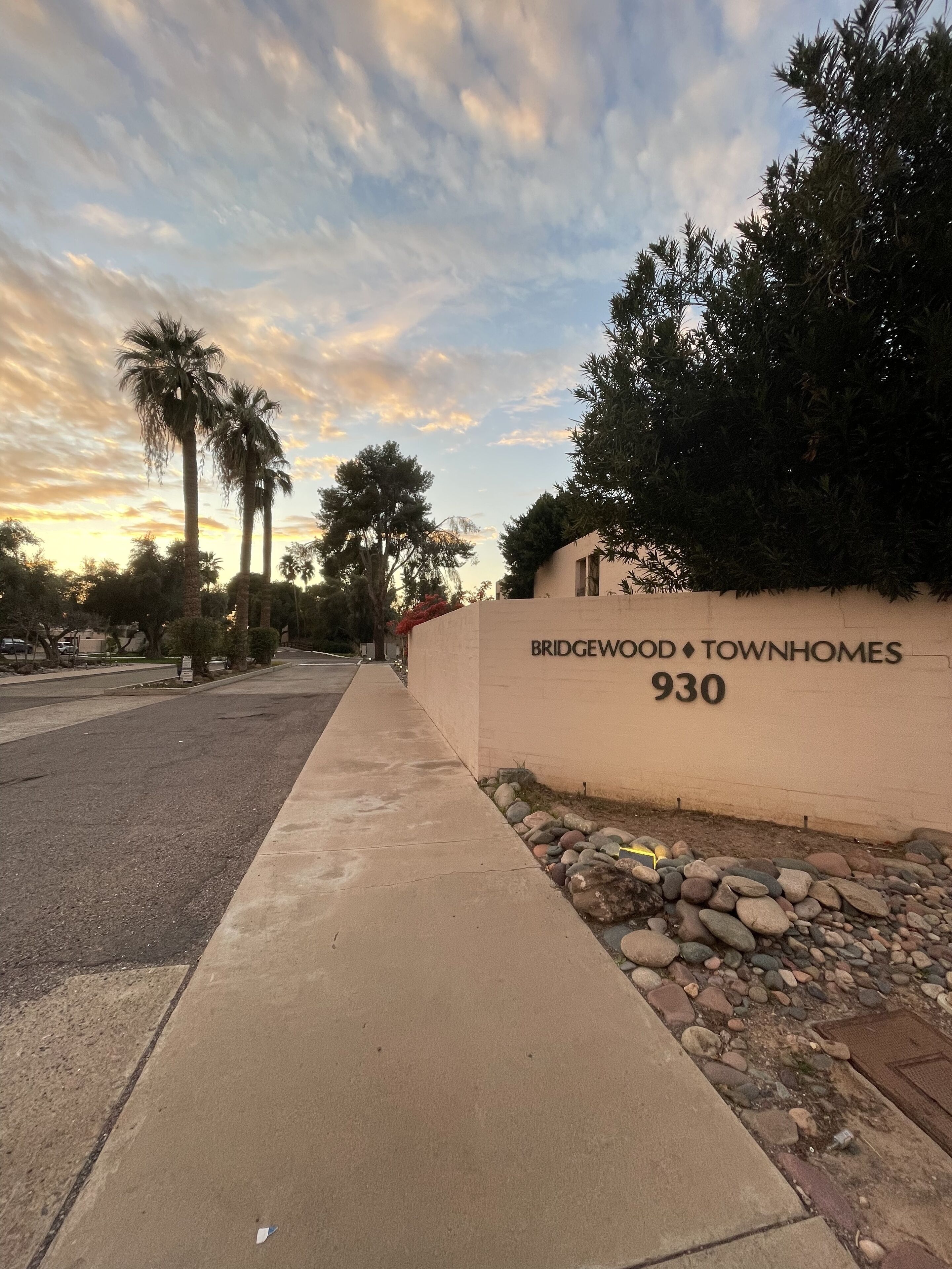 Una calle residencial con acera, una fila de palmeras y un edificio con un letrero que dice 'BRIDGEWOOD TOWNHOMES 930'.