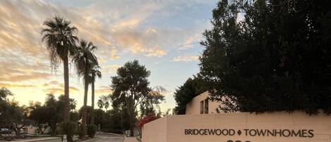 Una calle residencial con acera, una fila de palmeras y un edificio con un letrero que dice 'BRIDGEWOOD TOWNHOMES 930'.