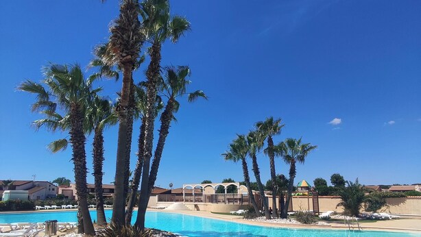 Piscina azul cristalina rodeada de palmeras y una zona de arena con sillas de descanso.
