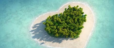 An aerial view of a heart-shaped island with dense greenery surrounded by clear turquoise waters.