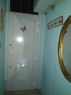 Une porte blanche avec une petite fenêtre et une décoration représentant un papillon rose. Un tableau encadré est accroché au mur, et un miroir à cadre doré se trouve à droite.