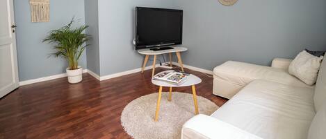 A living room with a white couch, a television on a stand, a potted plant, and a round rug.