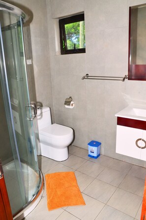 Un baño con cabina de ducha de vidrio, inodoro, una ventana pequeña y lavabo con espejo.