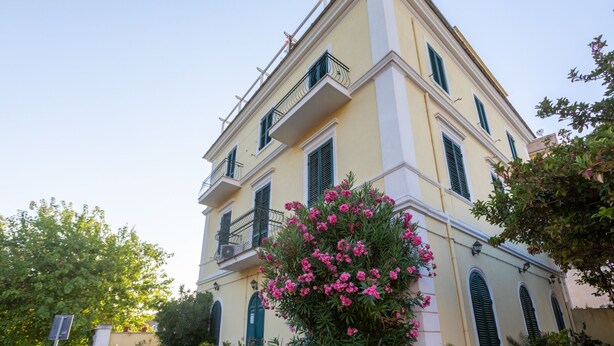 Un immeuble de deux étages doté d’un balcon, d’une porte verte et d’un petit arbre aux fleurs roses devant l’entrée.