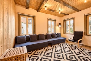 A room with a wooden ceiling, a sofa with cushions, a chair, and patterned carpet.