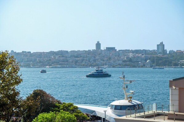 A waterfront view with a cityscape in the background, a boat docked on the right, and a building with a dome structure. - 216 Bosphorus (Istanbul)