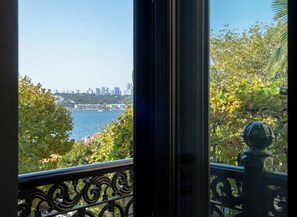 A view from a balcony overlooking a body of water with a city skyline in the background. - 216 Bosphorus (Istanbul)