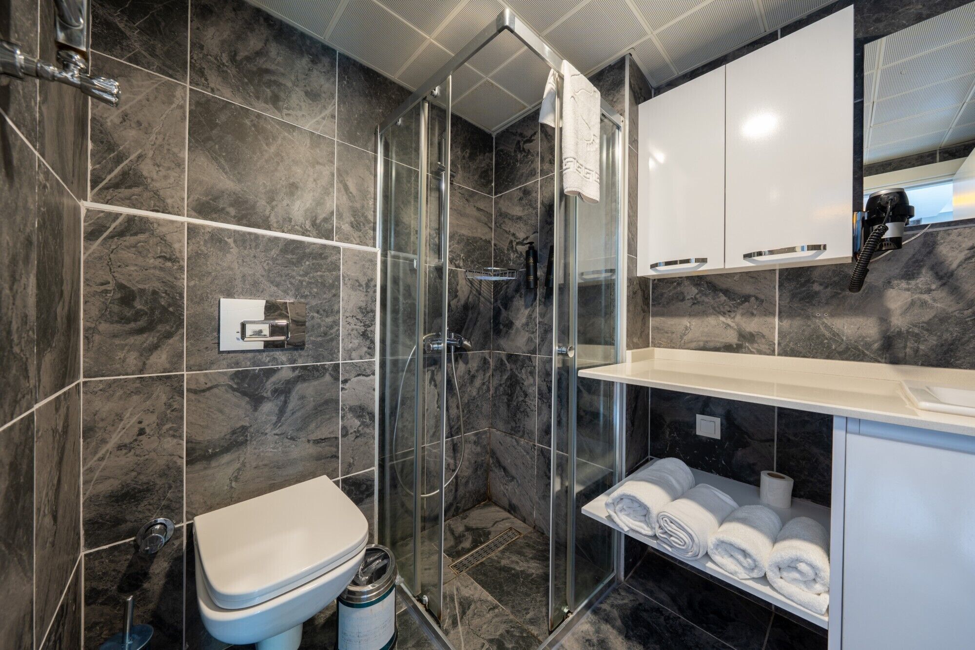 A modern bathroom with a glass-enclosed shower, a toilet, and a vanity with towels.