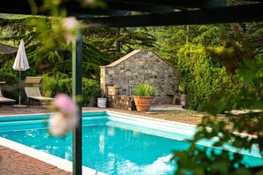 Une piscine bordée d’un mur en pierre et agrémentée de plantes en pot, le tout entouré d’une végétation luxuriante.
