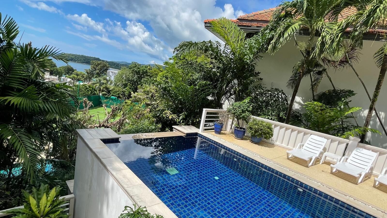 Una piscina con borde de azulejos, rodeada de plantas en macetas y sillas reclinables blancas.