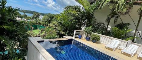 Una piscina con borde de azulejos, rodeada de plantas en macetas y sillas reclinables blancas.