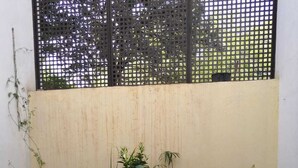A courtyard with potted plants and a black metal fence. - APARTMENT IN MONACHIL PUEBLO/GRANADA (ANDALUCIA) (Monachil)