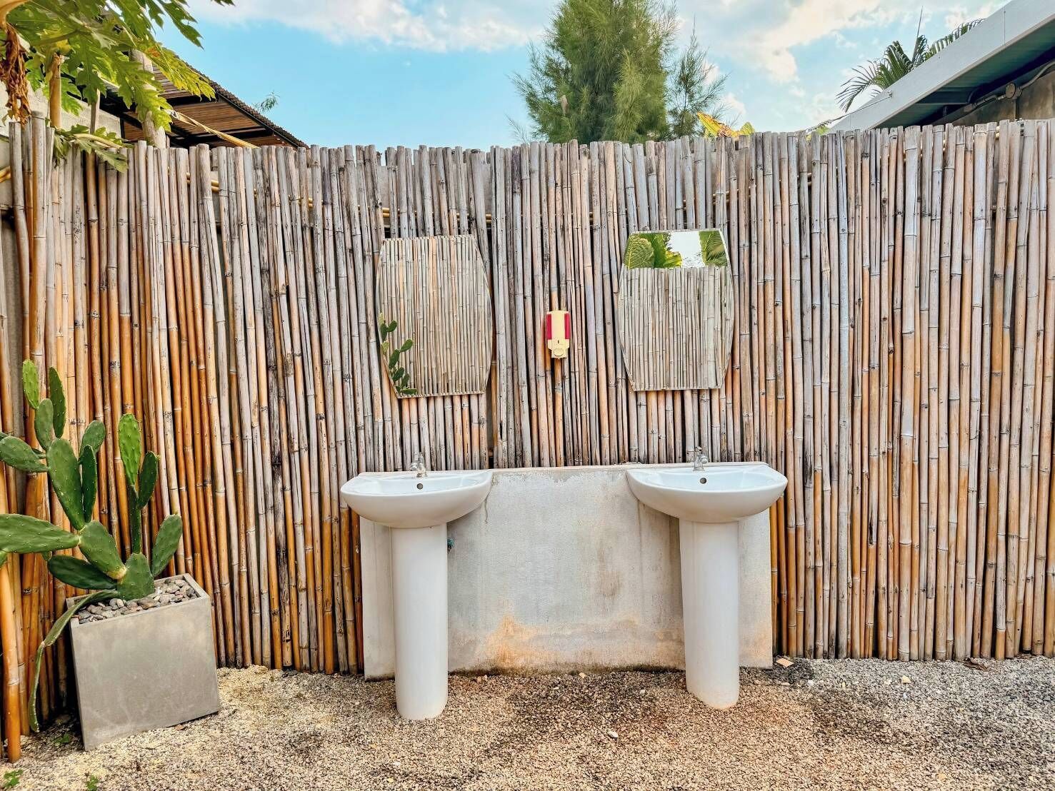 A bamboo fence with two white sinks and a cactus plant.