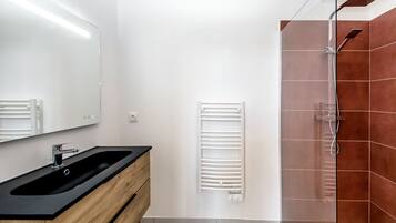 Shower, hair dryer, towels