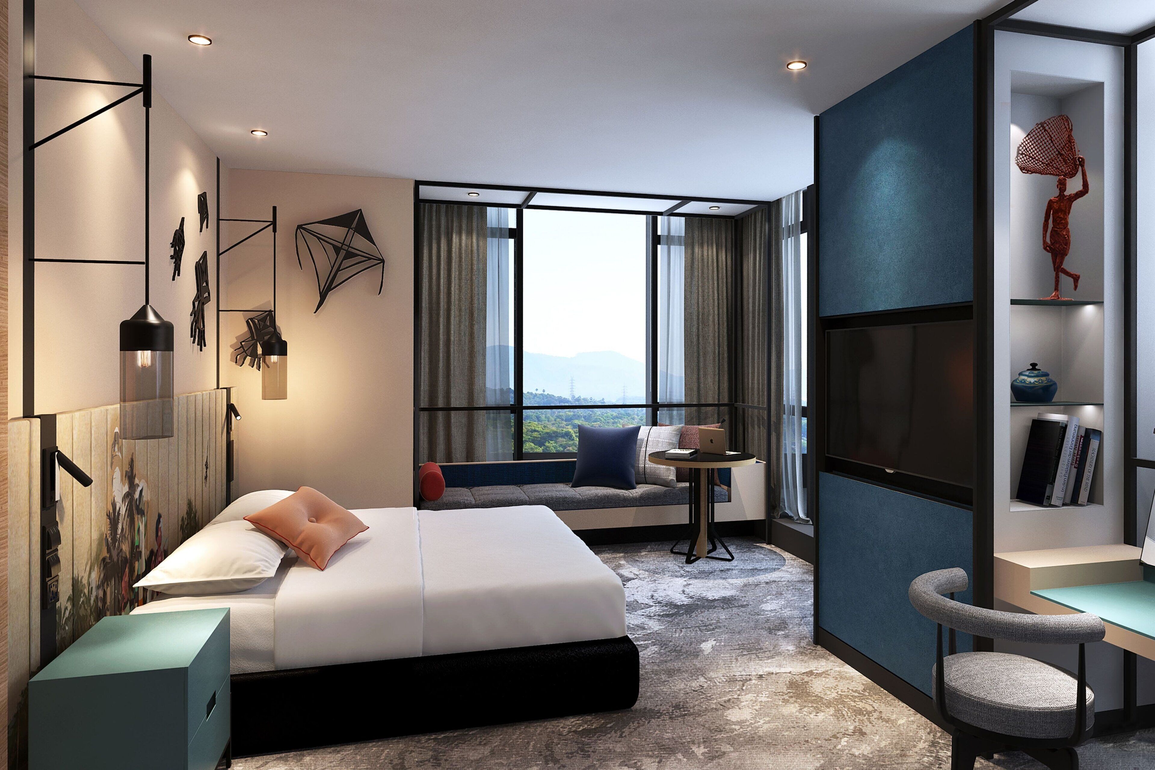 A modern hotel room with a large bed, a seating area with a view, a desk, and a TV.