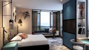 A modern hotel room with a large bed, a seating area with a view, a desk, and a TV.