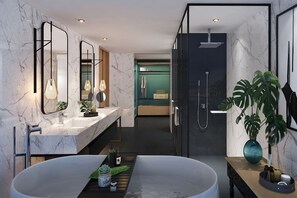 Shower, rainfall showerhead, free toiletries, hair dryer