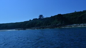 Un paysage côtier avec un ciel bleu dégagé, une plage de sable et une côte rocheuse.