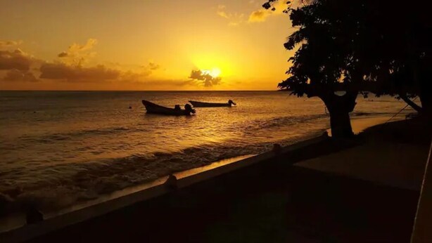 A sunset over a calm sea with boats, a tree, and a wooden walkway. - Seagull Suite G - Beach Front Living (Laborie Beach)