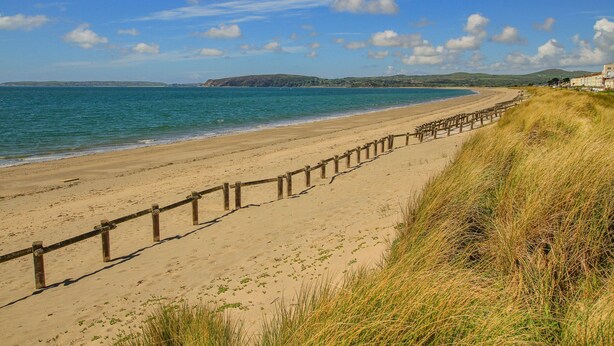Ein sandiger Strand mit einer Holzlattenumzäunung und grasbewachsenen Dünen.