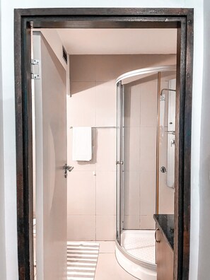 Shower, hair dryer, towels, toilet paper