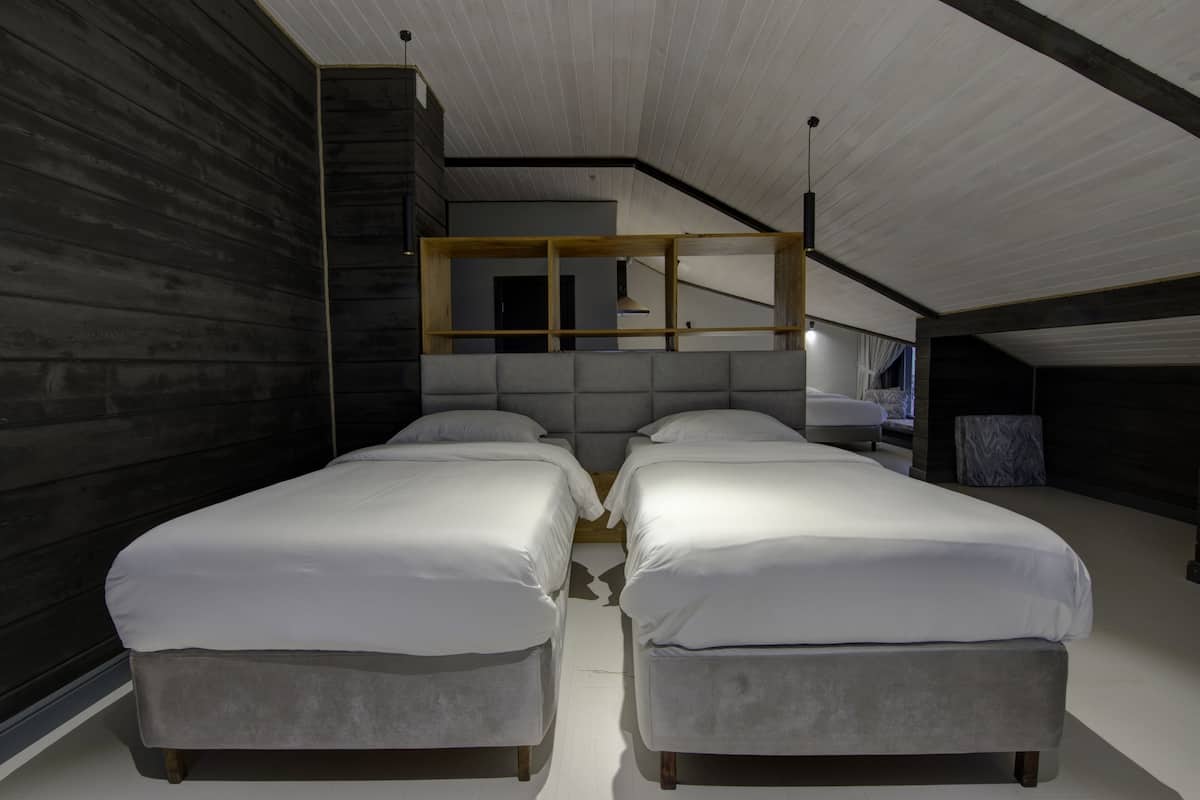 A modern bedroom with two beds, wooden paneling on the walls, and a sloped ceiling.