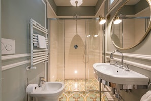 Shower, hair dryer, bidet, towels