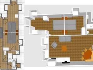 Grundriss eines Hotelzimmers mit Bad, Küchenzeile, Essbereich und Wohnbereich.