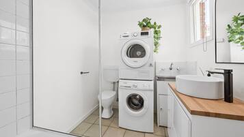 Hair dryer, towels, soap, shampoo