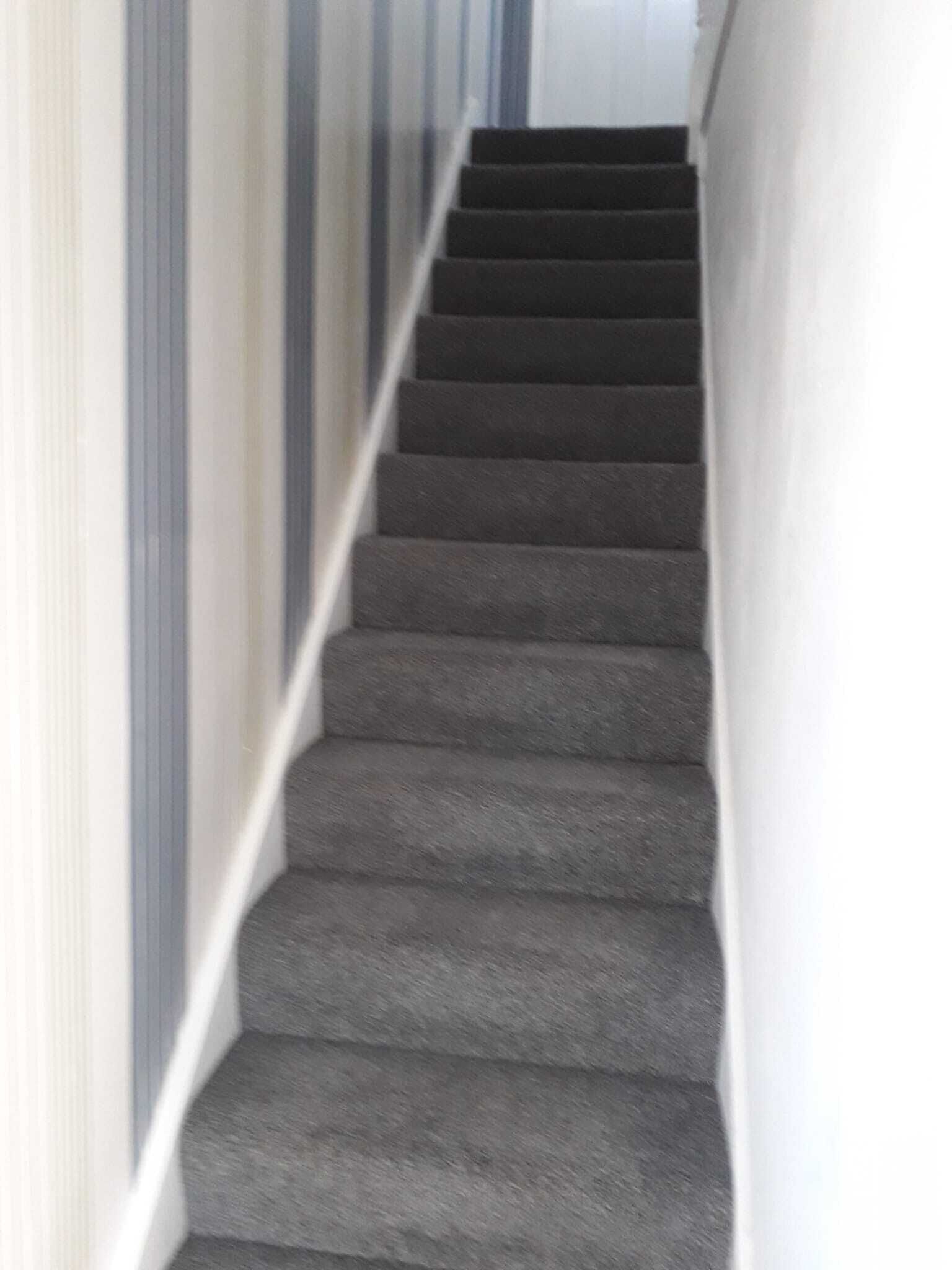 Ein Teppichgesteiger mit Handlauf, der zu einer oberen Etage führt.