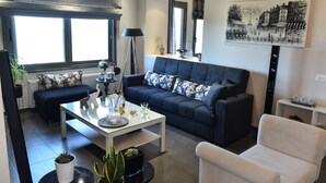 Family House, Multiple Beds, 2 Bathrooms (Despina House Sea View Mirabello) | Living area | Flat-screen TV, fireplace, DVD player - Despina House Sea View Mirabello Crete (Agios Nikolaos)