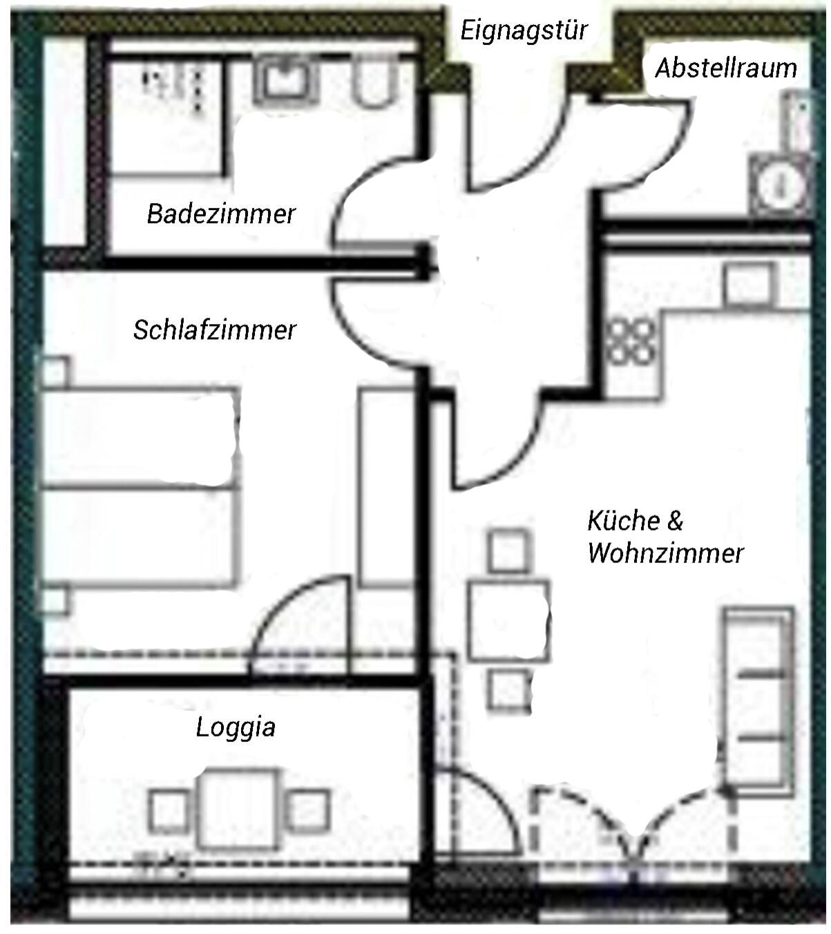 A floor plan with labeled rooms including a bathroom, bedroom, kitchen, living room, and loggia.