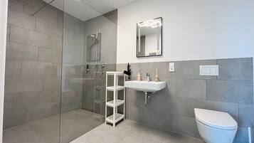 Un baño moderno con ducha de vidrio, un lavamanos blanco y un espejo encima, y un inodoro.