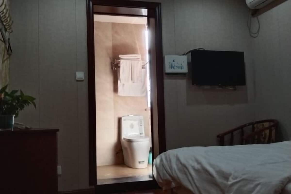 A hotel room with a bed, a small desk with a plant, a television mounted on the wall, and a toilet visible through an open door.