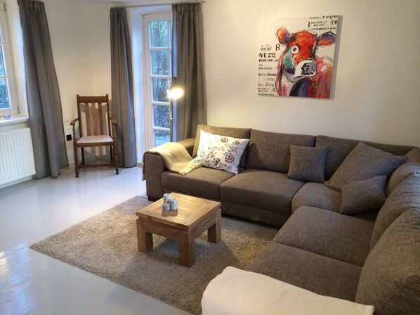 Fernseher, Kamin, Bücher, Musikbibliothek