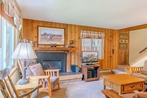 Smart TV, fireplace, books