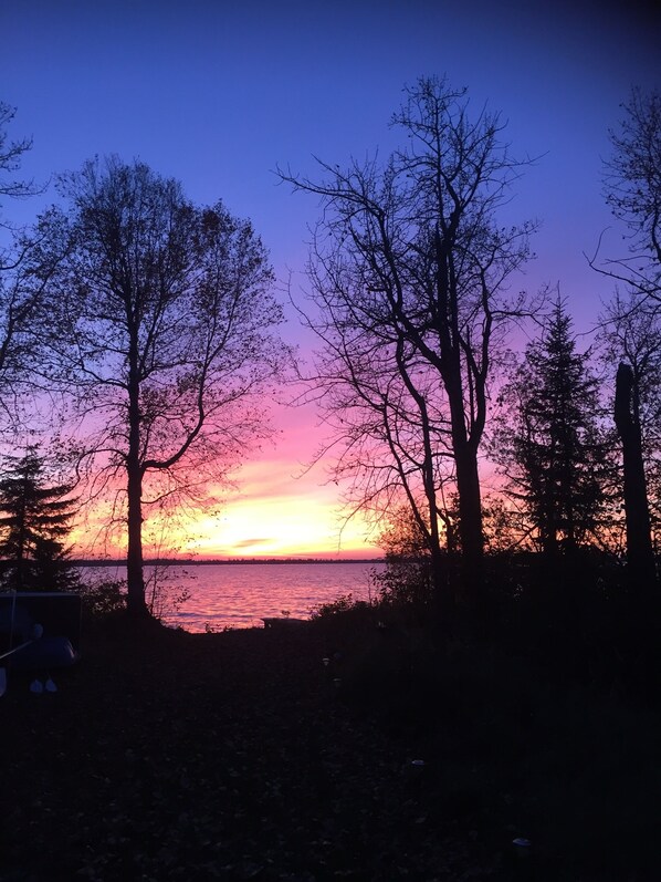 Auringonlaskunäkymä, jossa puut piirtyvät tummina siluetteina värikästä taivasta vasten.